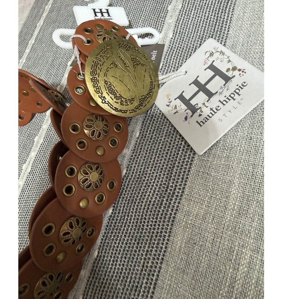 Haute Hippie Style Medallion Disc Belt Cognac Brown Boho Western Grommet New - Picture 4 of 7